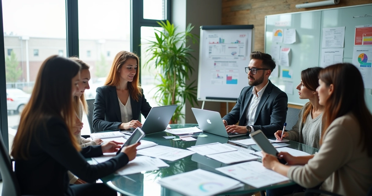 Equipe de contabilidade em reunião estratégica com tablets 