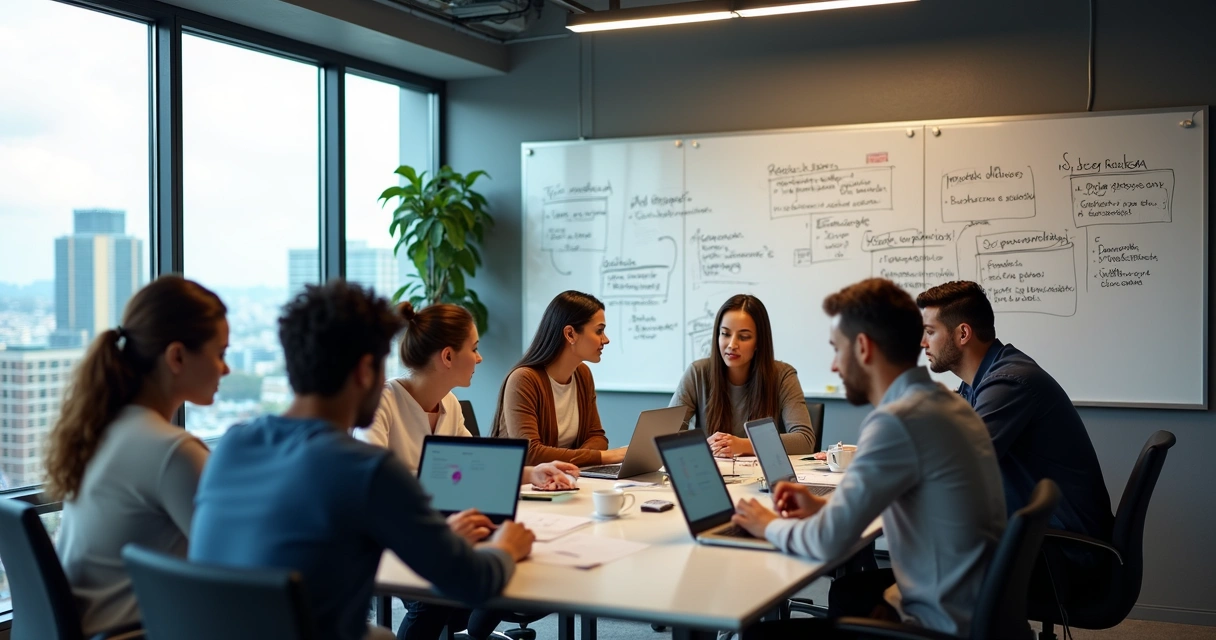 Equipe de marketing reunida em sala, laptops na mesa, quadro com estratégias ao fundo 
