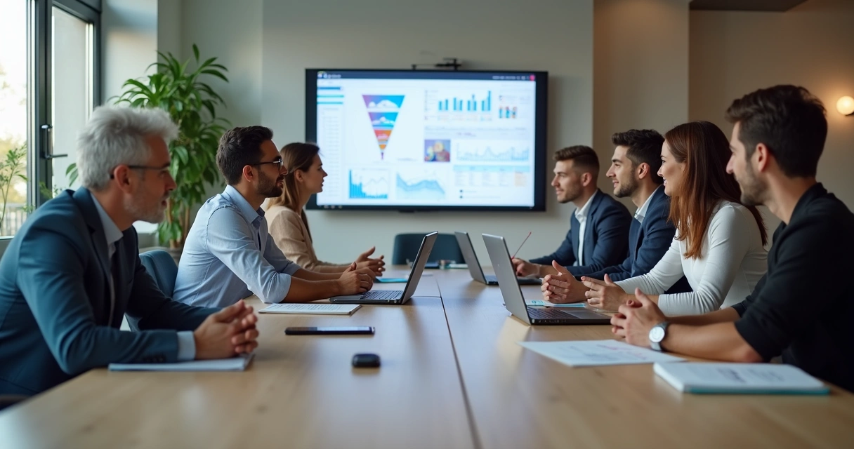 Leads de Clientes: Como Gerar, Qualificar e Converter em Vendas 3 Equipe de marketing e vendas reunida em mesa discutindo planejamento de geração de leads