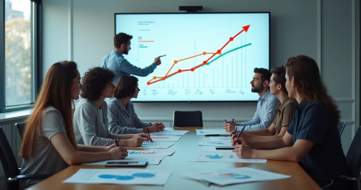 Time reunido analisando e discutindo metas de crescimento na sala de reunião 