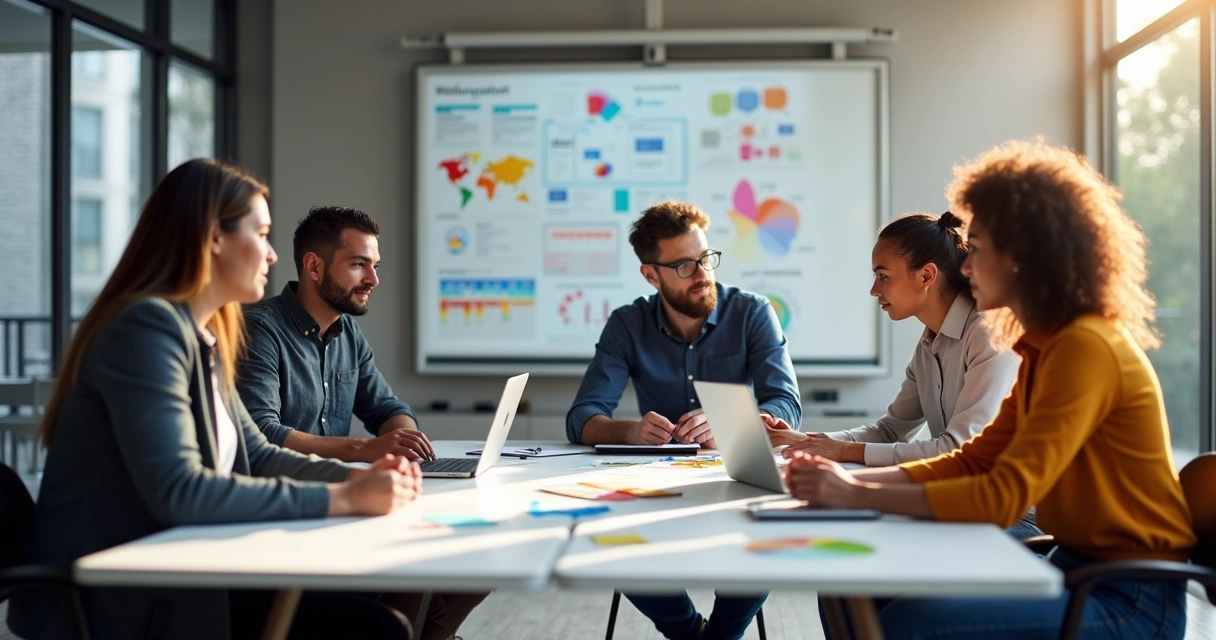 Equipe de design, desenvolvimento e gestão reunida em mesa discutindo projeto digital 
