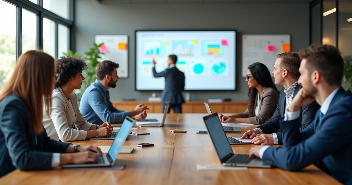 Reunião colaborativa entre equipes de negócio e tecnologia em escritório moderno 