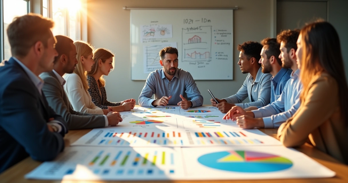 Equipe de PME reunida analisando quadro de precificação premium para nicho específico. 