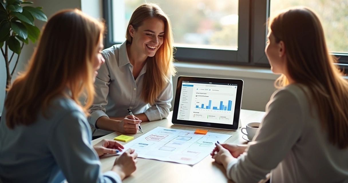 Equipe pequena de vendas em reunião analisando planejamento simples 