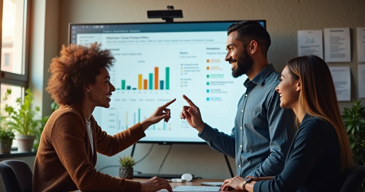 Equipe de pequena empresa reunida em torno de tela de CRM