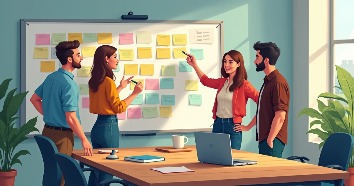 Reunião de equipe com quadro branco e post-its 