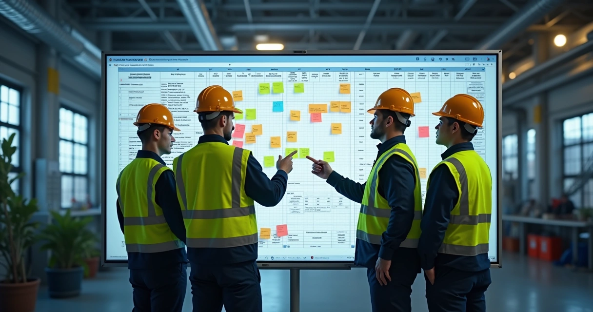 Equipe de manutenção industrial reunida em frente a um quadro de planejamento 