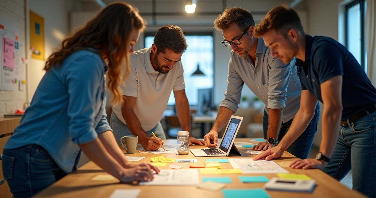 Equipe de PME brasileira em reuniao informal trocando ideias de inovacao 
