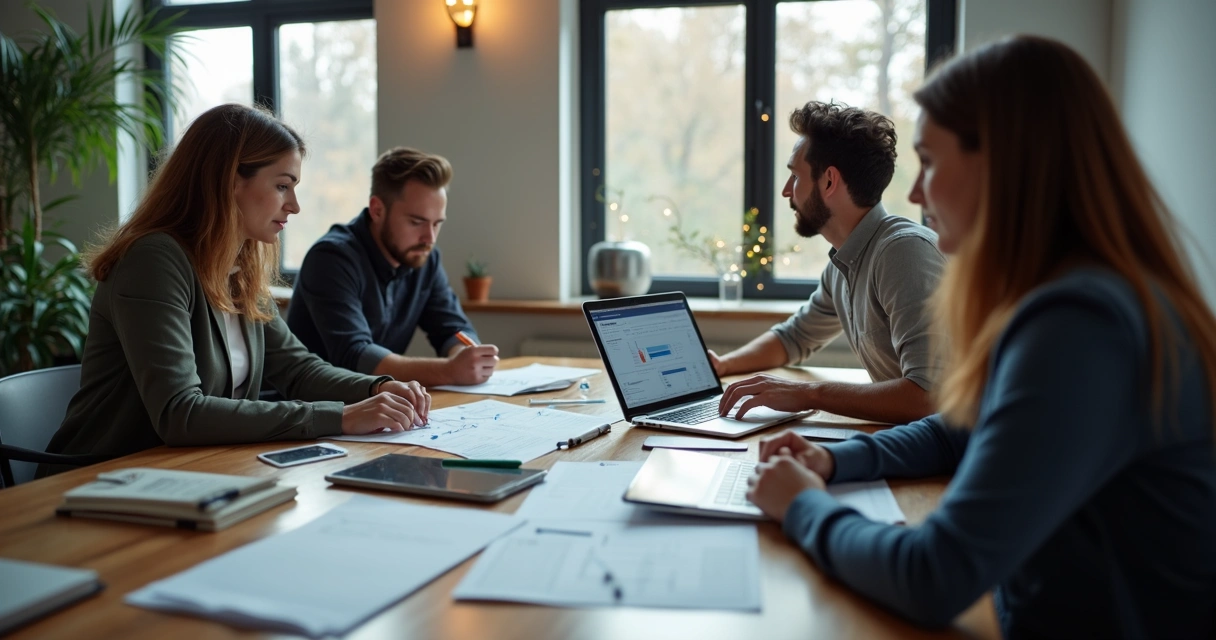 Equipe de psicólogos analisando relatórios financeiros em um notebook durante reunião de gestão
