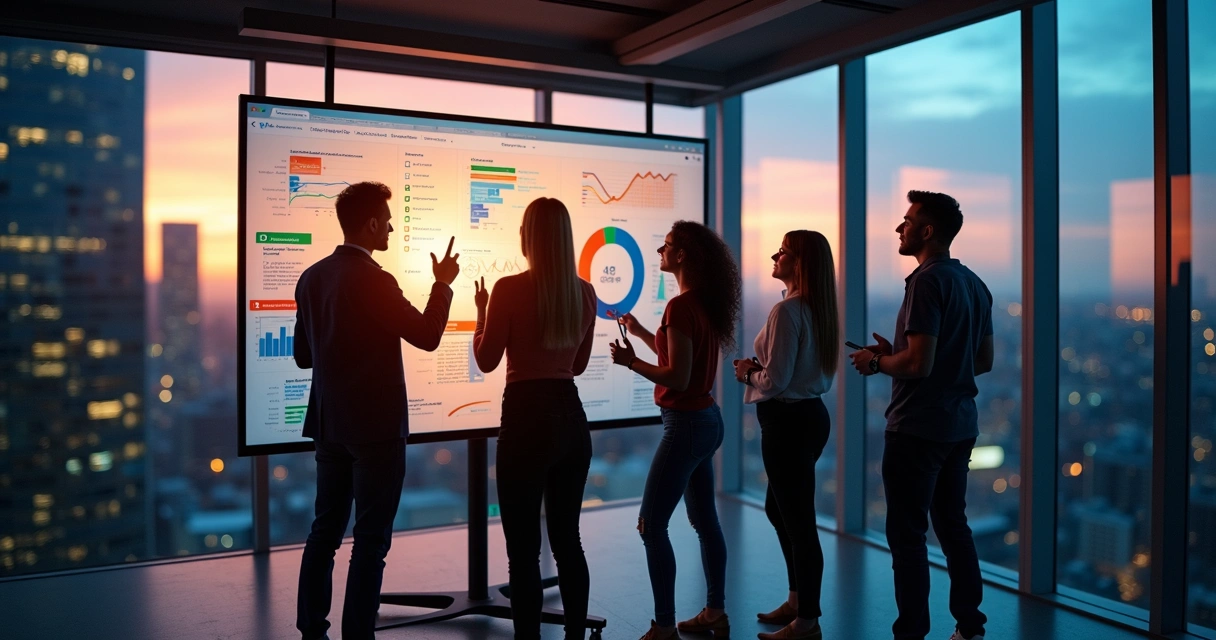 Equipe de receita agindo rapidamente com dashboards ao fundo 