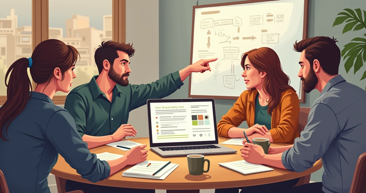 Pessoas fazendo reunião com notebook aberto na mesa mostrando ata registrada no Notion 