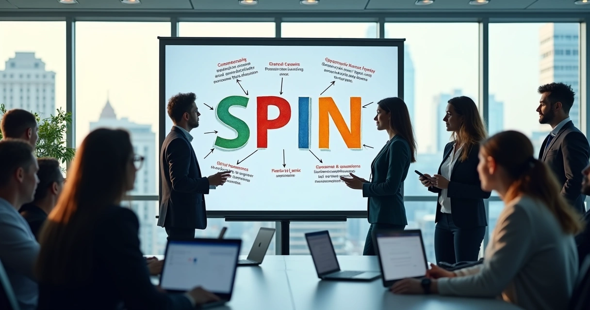 Equipe de vendas em reunião estratégica sobre perguntas SPIN 
