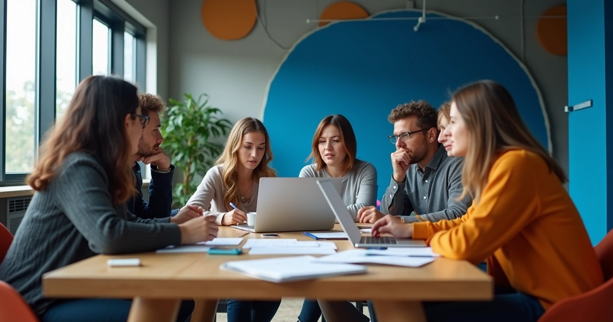 Equipe de tecnologia reunida discutindo em sala moderna 