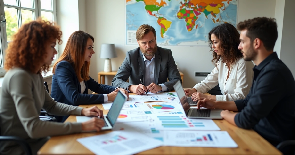 Equipe de agência de turismo analisando relatórios em mesa de reunião 