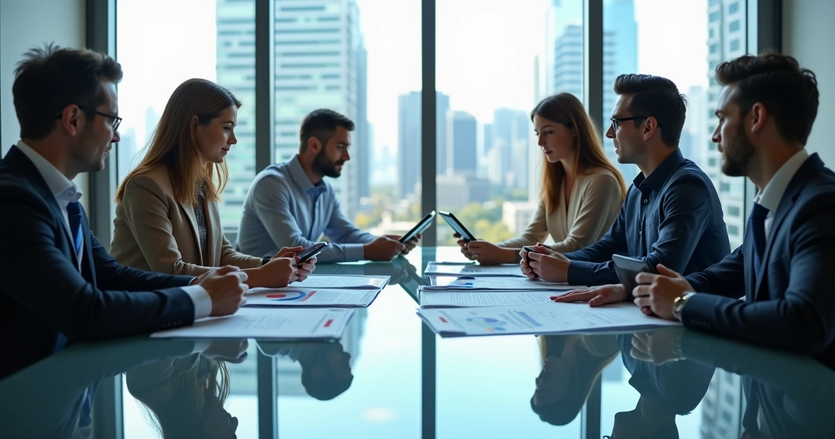 Equipe de vendas discutindo estratégias ao redor de uma mesa