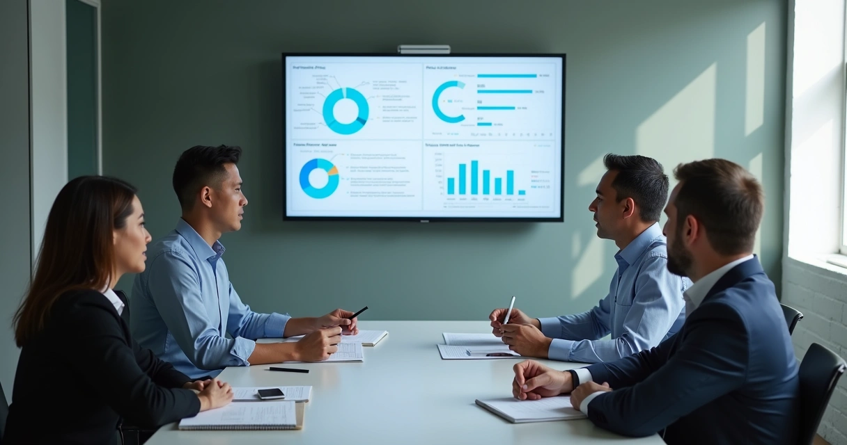 Sales team meeting evaluating CRM indicators