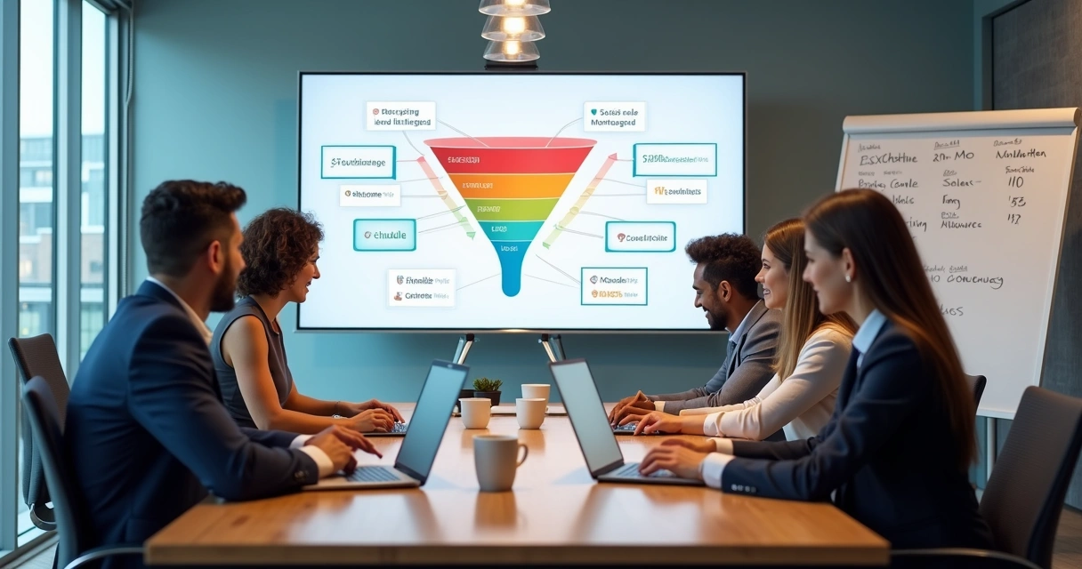 Reunião de time de vendas discutindo estratégias 
