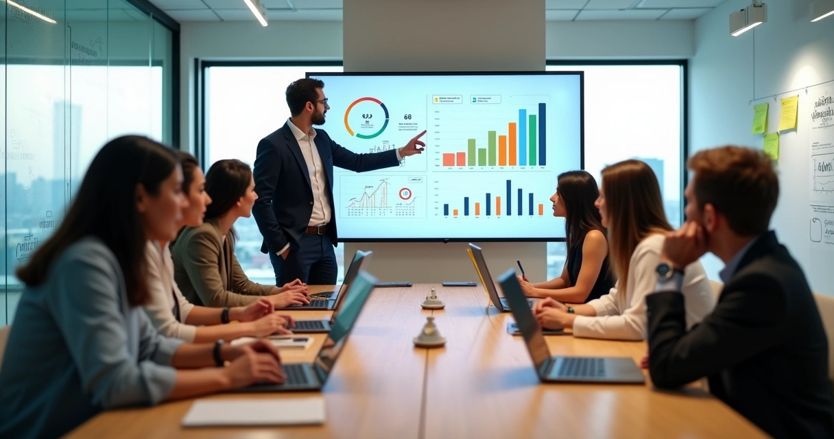 Líder apresentando metas de vendas em reunião com equipe engajada 