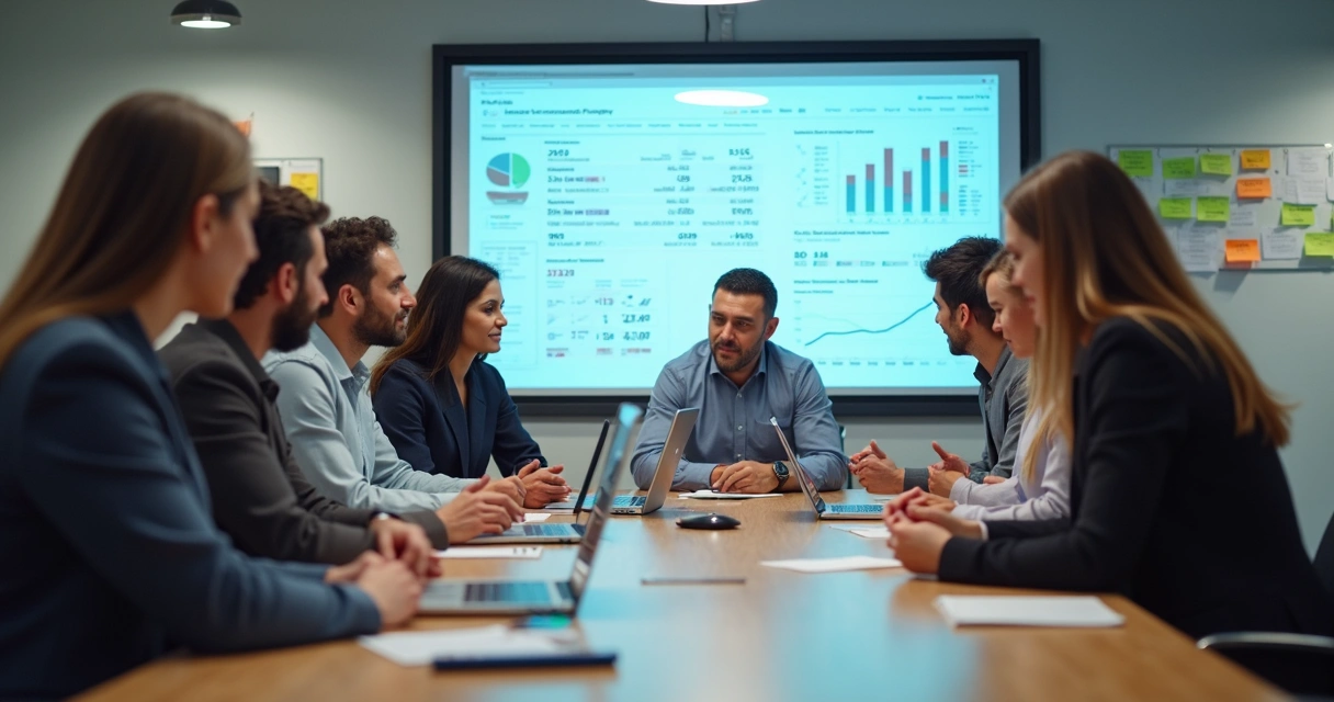 Equipe de vendas em reunião analisando resultados de comissão 