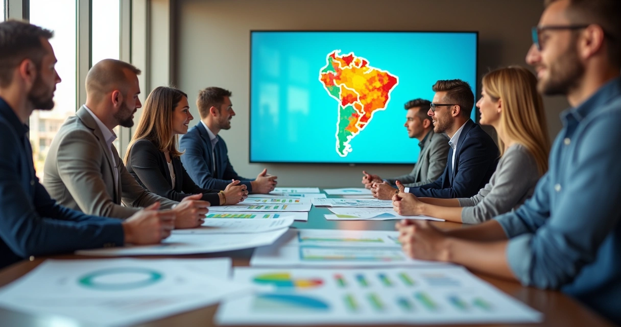 Reunião de time de vendas analisando relatórios de obras 