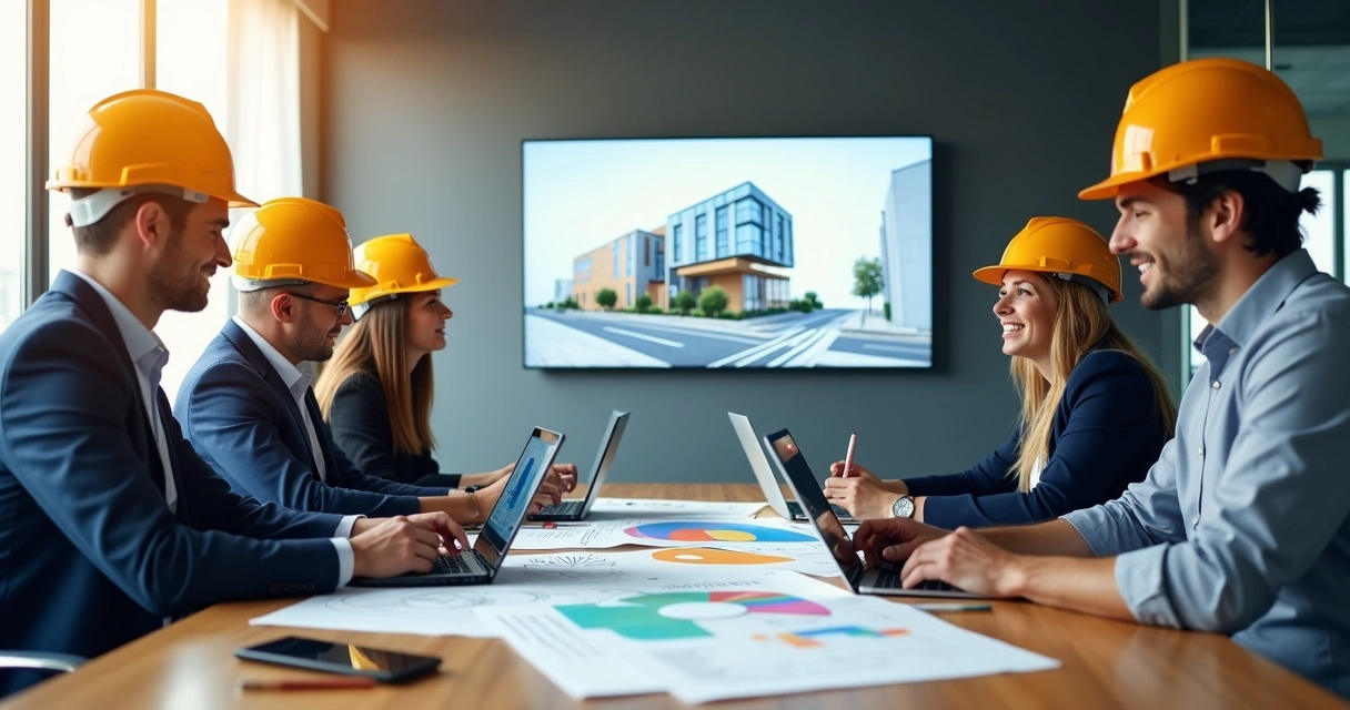 Equipe de vendas reunida analisando gráficos e projetos de construção 