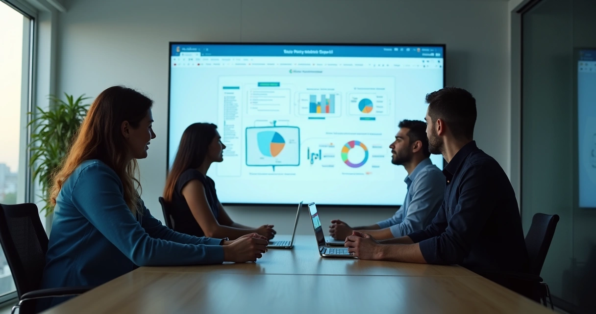 Equipe de vendas reunida analisando slides de apresentação 