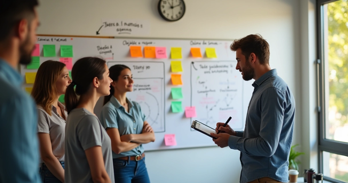 Time de vendas de PME em pé em frente a quadro com post-its organizando treinamento semanal 