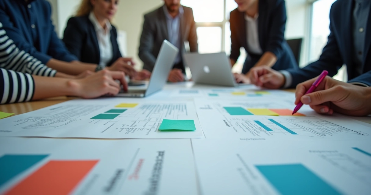 Equipe de vendas reunida analisando scripts em documentos em uma sala de reuniões moderna 