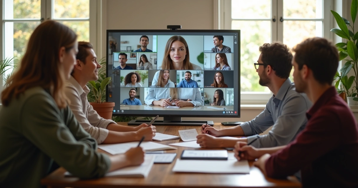 Equipe virtual reunida em videoconferência discutindo ideias