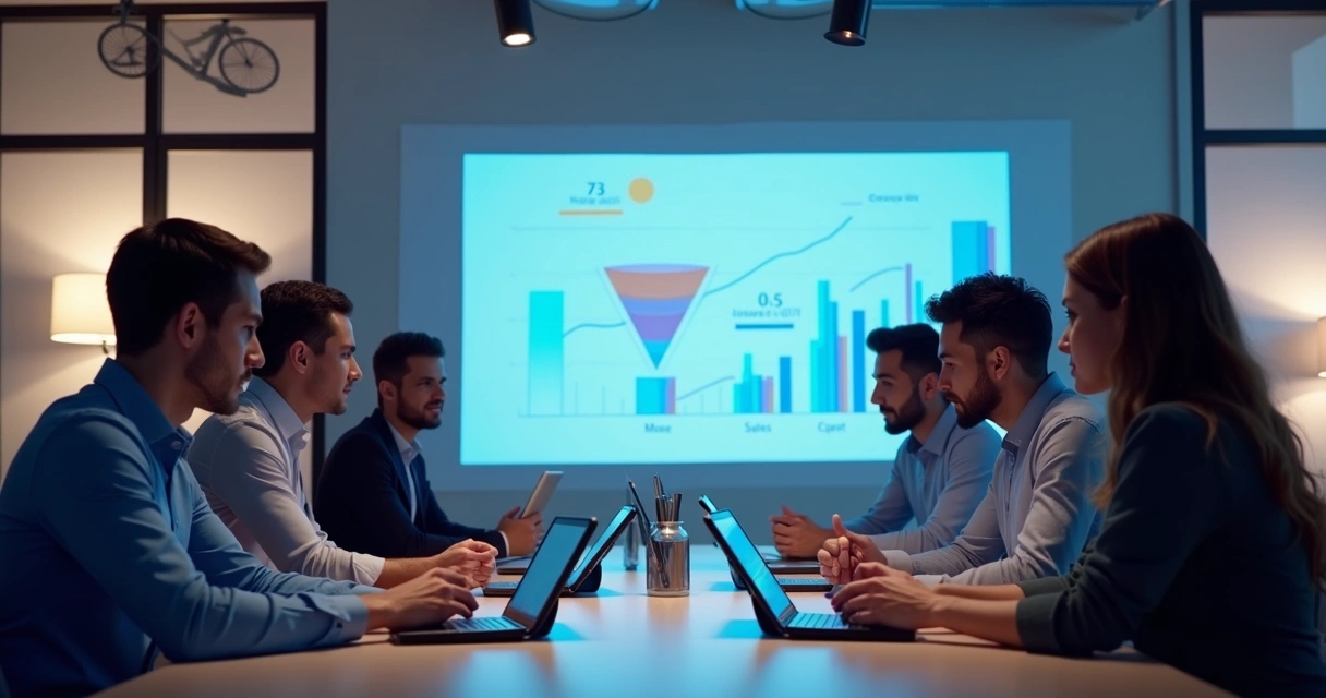 Equipe de marketing e vendas em reunião discutindo funis