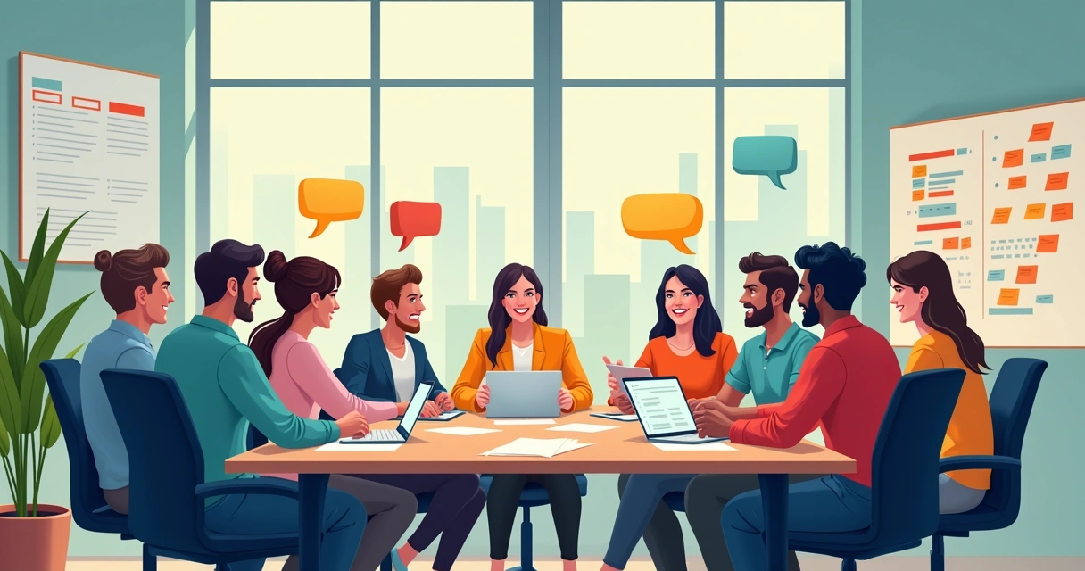 Equipe diversa em reunião, discutindo estratégias de comunicação