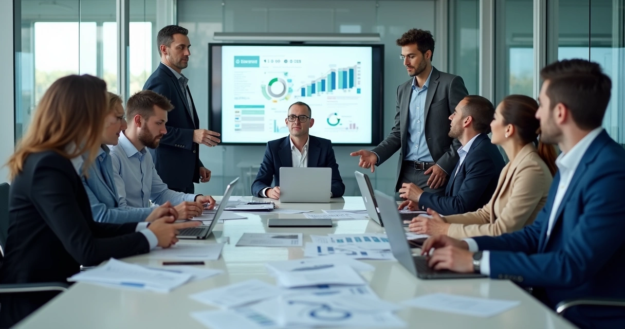 Grupo de profissionais reunidos discutindo juntos ao redor de uma mesa, mostrando integração de equipe 