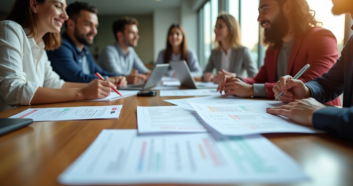 Reunião multicultural analisando currículos em diferentes idiomas