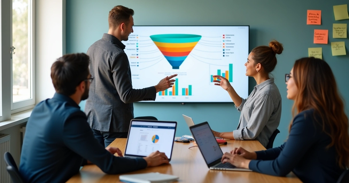 Profissionais de marketing e vendas discutindo frente a um painel de funil no escritório 