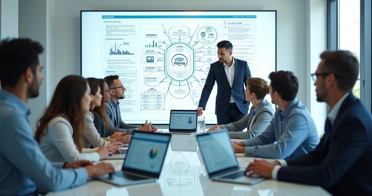 Equipe de TI discutindo sistemas ERP em uma sala de reuniões