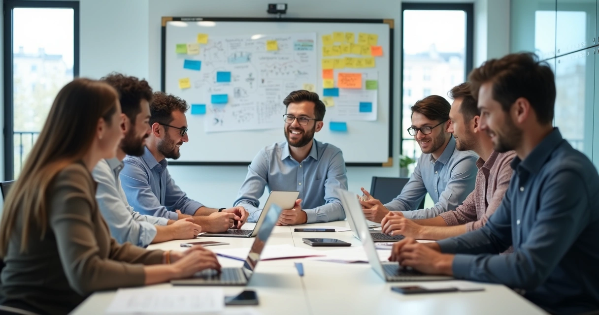 Reunião entre times de tecnologia e negócio na mesa de trabalho 