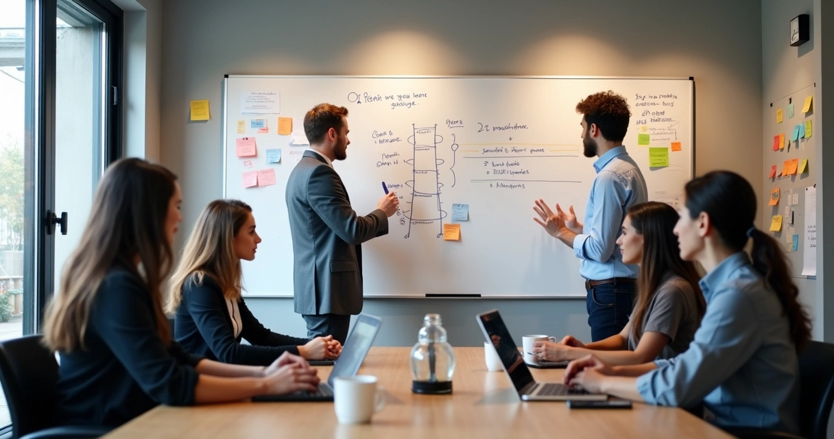 Gestora conduzindo reunião para ajuste de metas em PME 