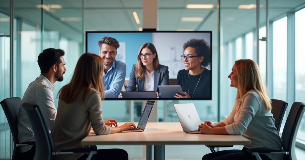 Equipe reunida em videoconferência, mesclando escritório e home office