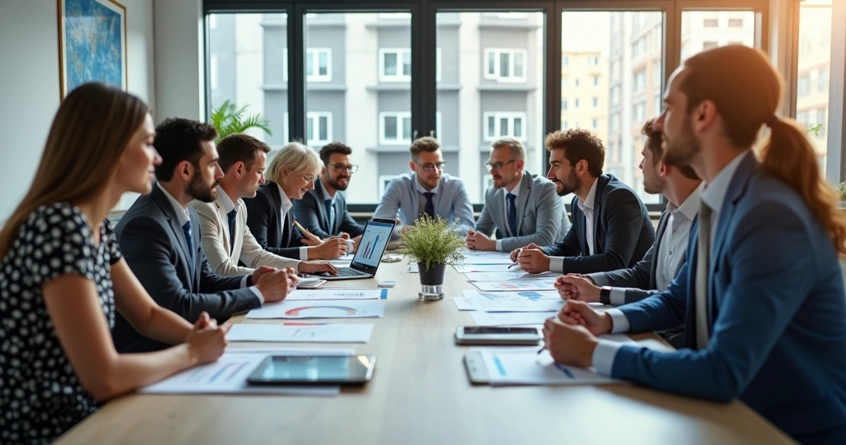 Equipe de vendas reunida em mesa analisando gráficos de desempenho