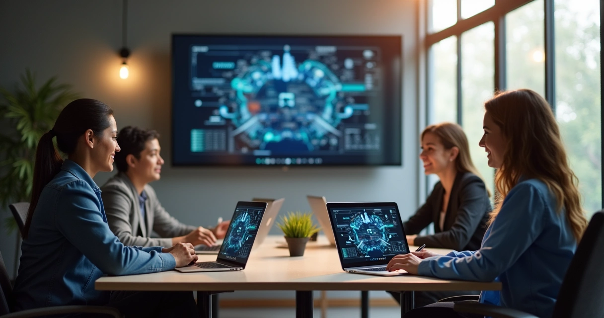 Reunião de equipes de vendas e tecnologia trabalhando juntas