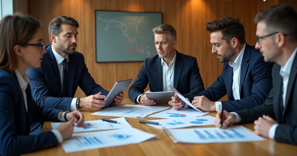 Pessoas em reunião analisando papéis e gráficos sobre a mesa 