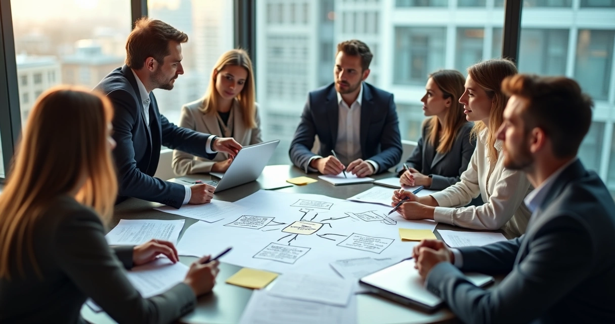 Equipe diversa em reunião decidindo em conjunto ao redor de uma mesa redonda 