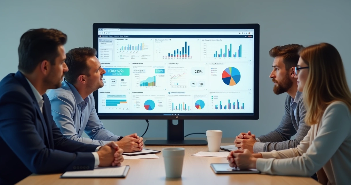 Equipe analisando dados na tela de computador 