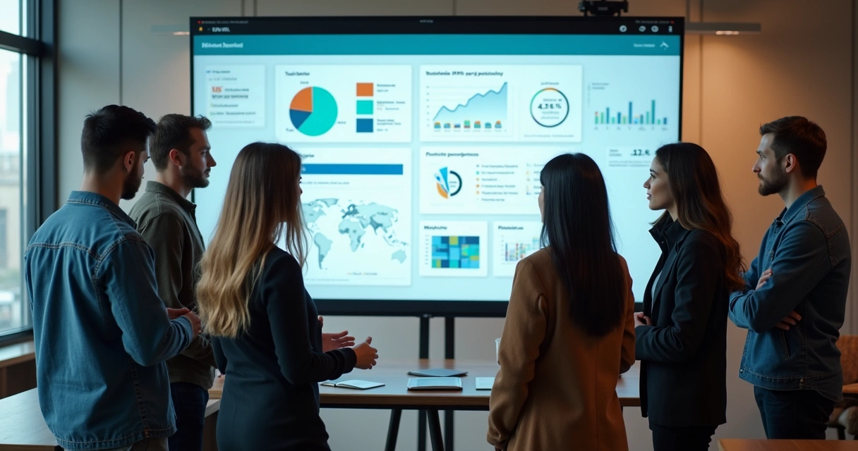 Equipe de startup tomando decisão junto a painel de IA 