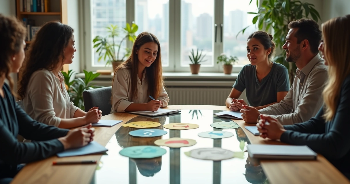Equipe de trabalho em reunião com emojis desenhados na mesa representando vulnerabilidade 