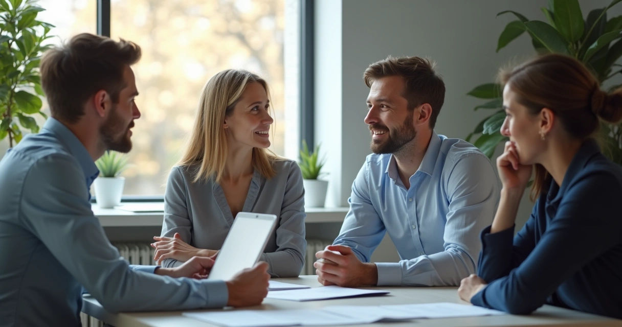 Equipe em reunião de trabalho demonstrando escuta ativa e equilíbrio emocional 
