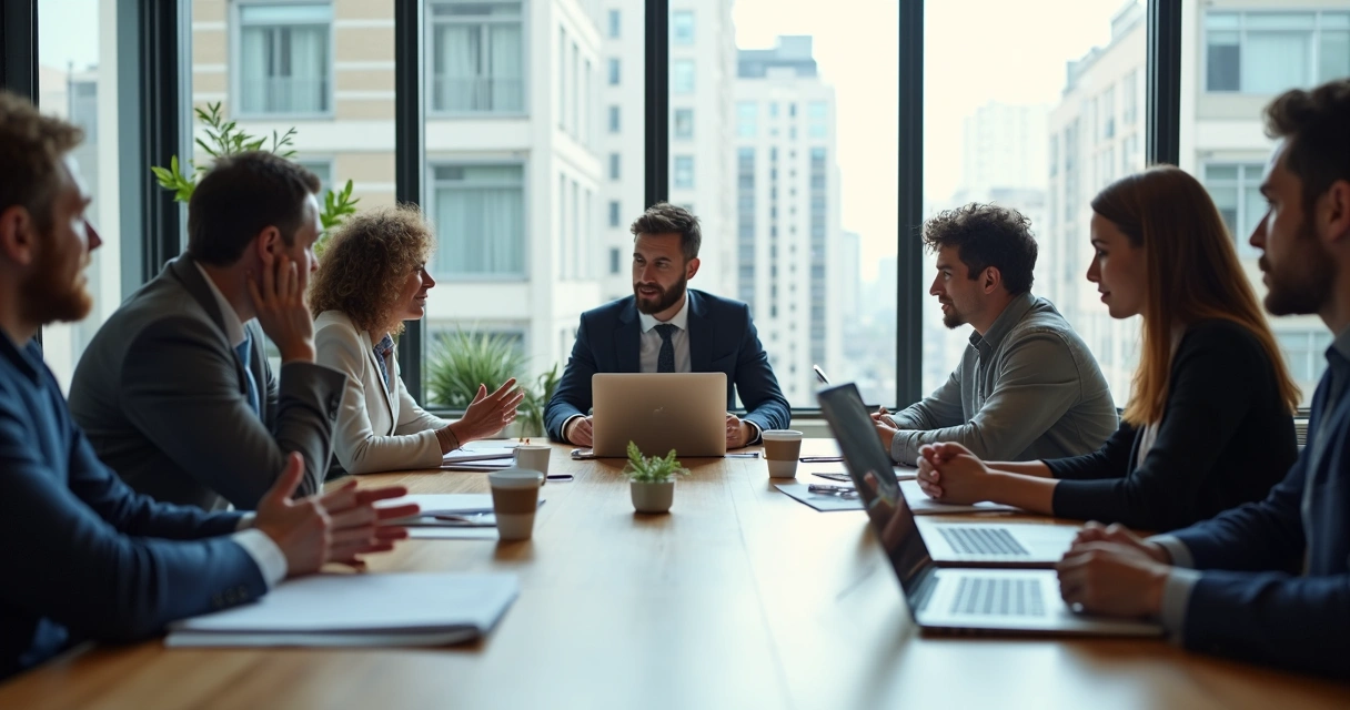 Equipe em reunião, diversidade aparente, conversando em mesa de escritório. 