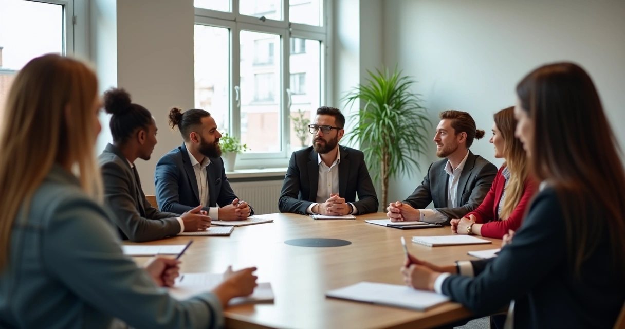 Equipes sentadas em círculo escutando uma pessoa falar