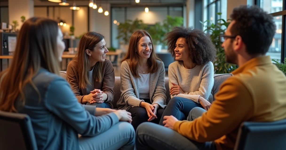 Equipe de trabalho sentada em círculo, conversando de forma aberta, com expressões receptivas 