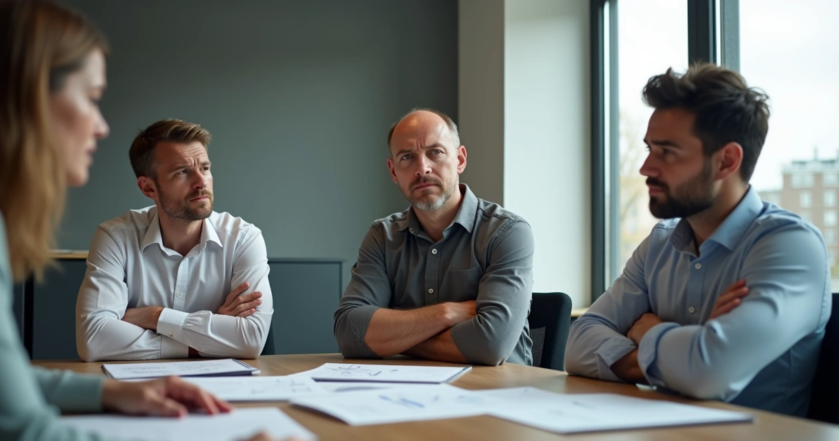Três adultos em uma reunião de trabalho, visivelmente tensos, um deles cruzando os braços, outro com expressão frustrada